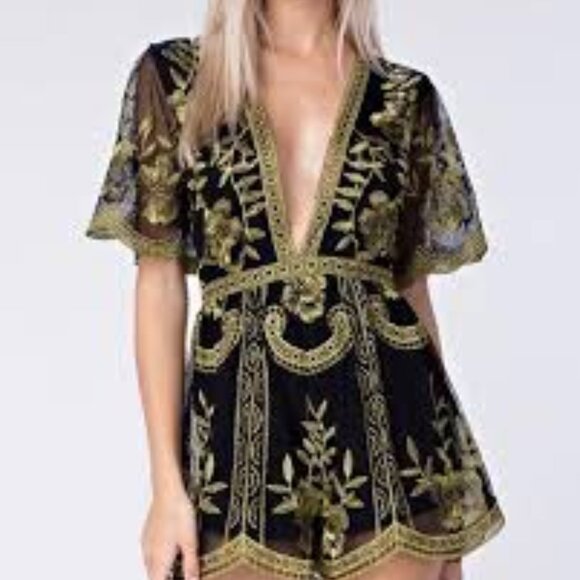 Honey Punch As You Wish Embroidered Romper in Black & Gold Size Medium - 1700 - Picture 2 of 14